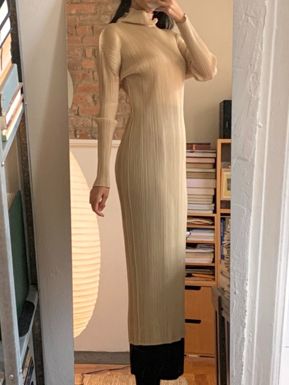 Issey Miyake Pleats Please Turtleneck Maxi Dress Beige JP3